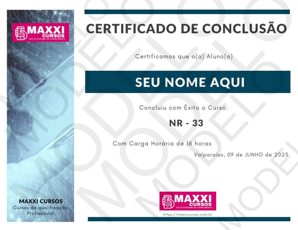 Certificado Curso Online NR 33 Espaços Confinados